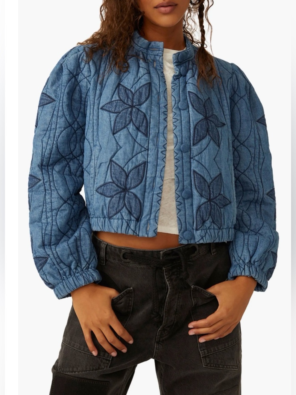 Free People Quinn Quilted Denim Jacket Blue Floral XS Embroidered Boho Folk
